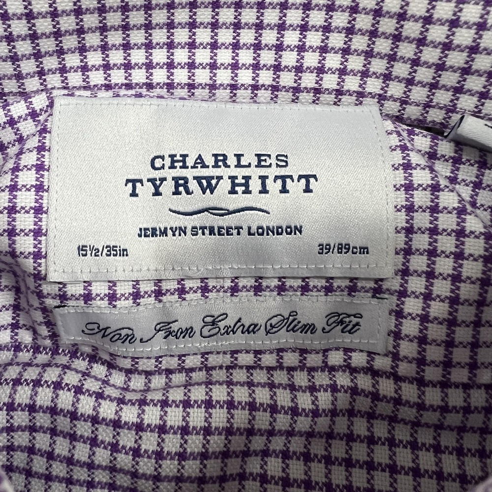 Charles Tyrwhitt Shirt Mens 15.5 34/35 Purple Check Extra‎ Slim Non Iron French - Picture 3 of 15